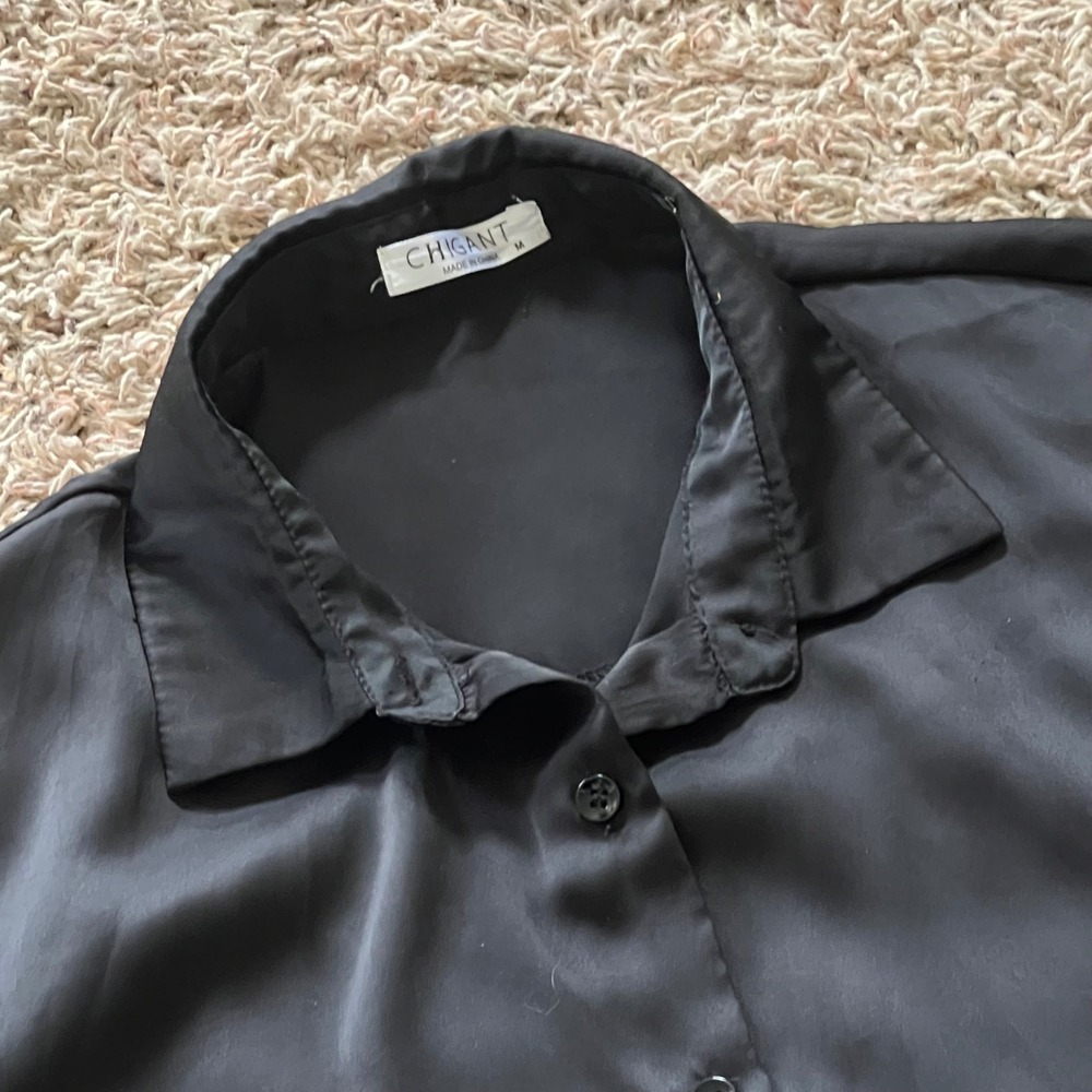 Chigant Black Satin Button Down Shirt Long Sleeve Blouse Sz‎ M Office Minimalist